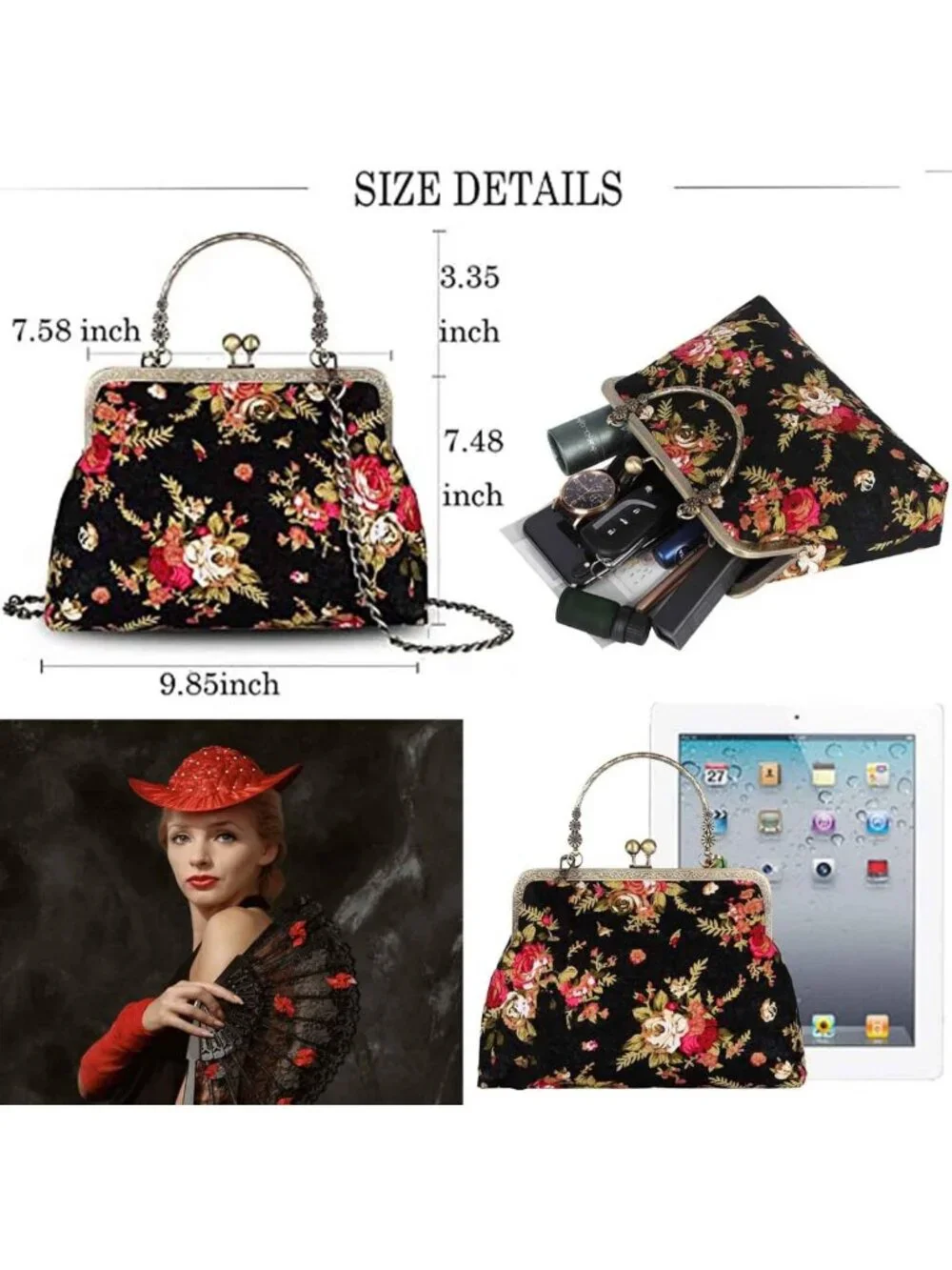 Vintage Floral Top-Handle Handbag, Kiss Lock Evening Bag for Women, Chic Purse